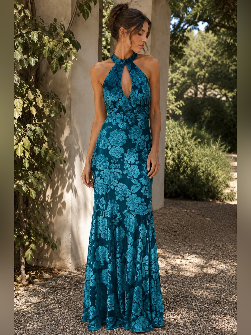 NWT Teal Floral Velvet Burnout Halter Maxi Dress Open Back Elegant Formal Gown M